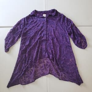 Chicos Shirt Women 2 Large Purple Sheer Burnout Silk Button Up Tunic Blouse